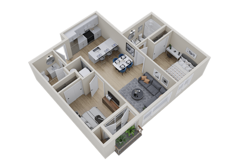 a 3d floor plan of a home with a bedroom and a living room